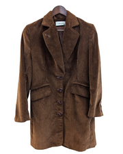 Brown corduroy coat on a hanger against a white background
