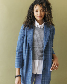 American-made women's wool blazer in blue plaid